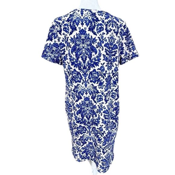PinkBlush Blue White Damask Pattern Short Sleeve Lined Maternity Dress. Large. - Picture 3 of 10